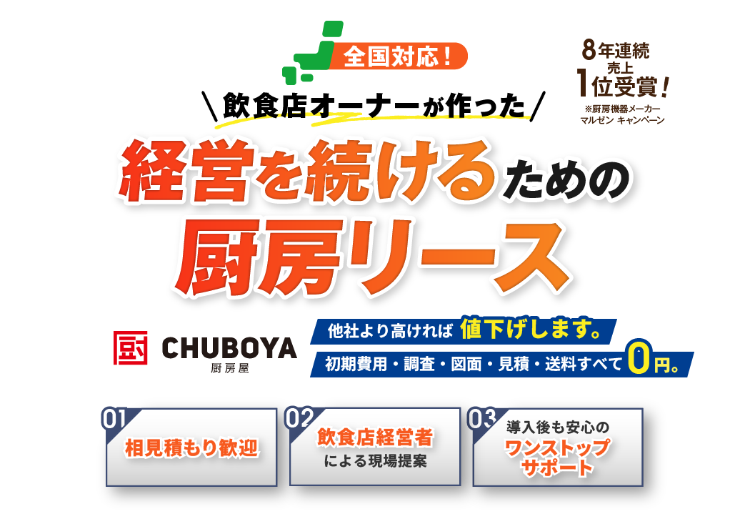 全国対応！飲食店オーナーが作った経営を続けるための厨房リース CHUBOYA 厨房屋